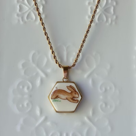 Arista Jewelry Jewelry - Gold Bunny Necklace | Broken China Jewelry | Royal Doulton Bunnykins